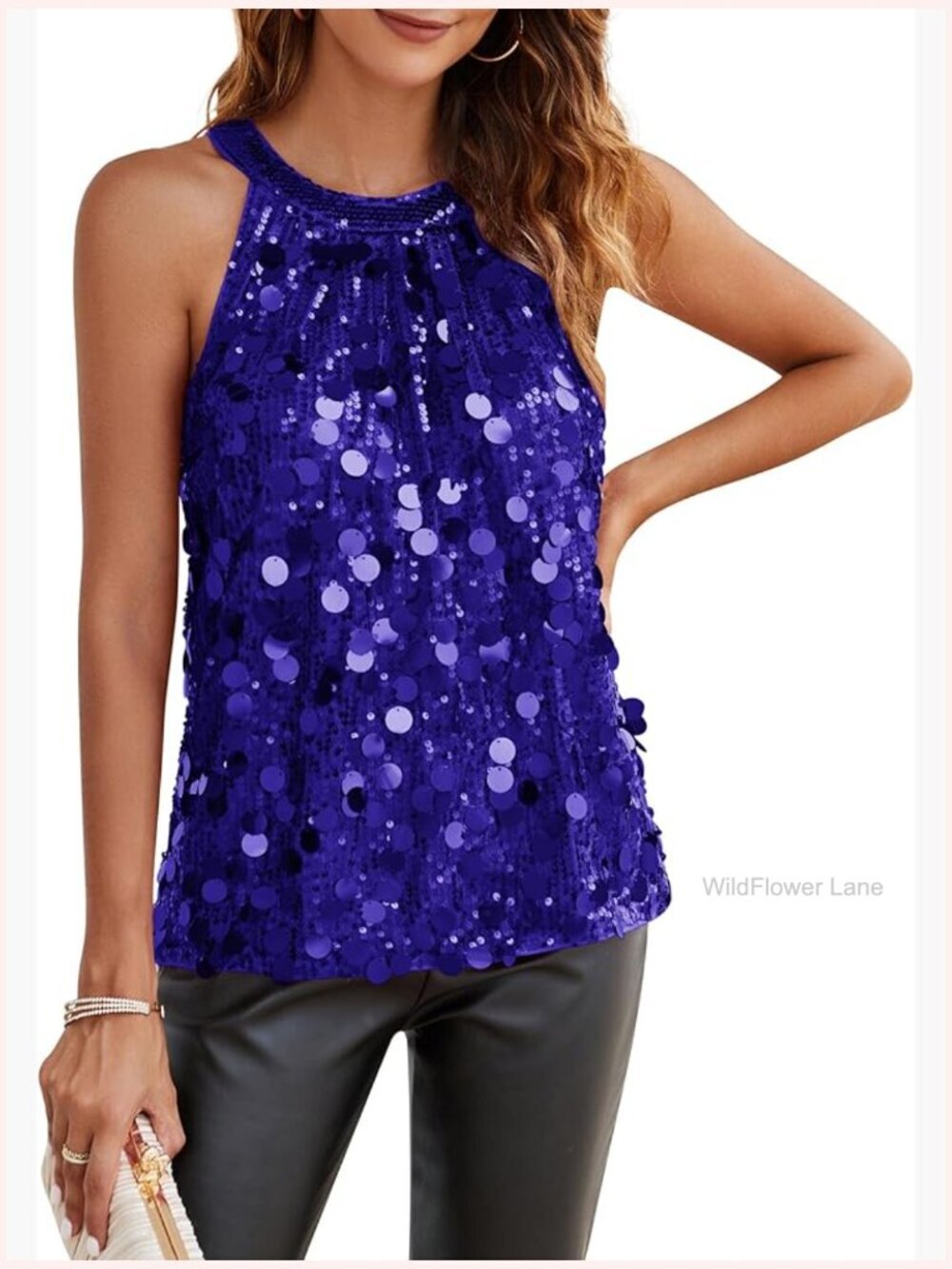 Halter Sequin Tank Top Sleeveless Sparkly Glitter Party Club Ruched Flowy Shiny